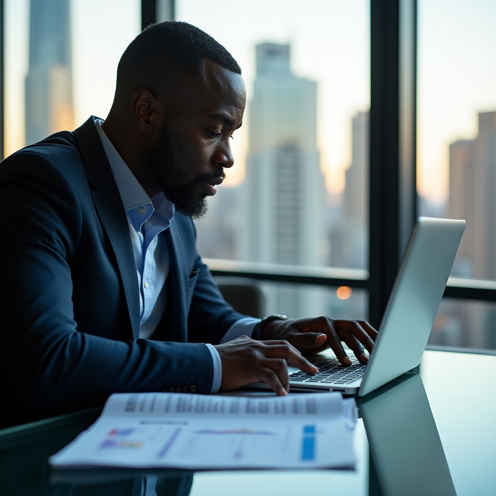 Operations manager reviewing labor cost data on a laptop in a modern restaurant office