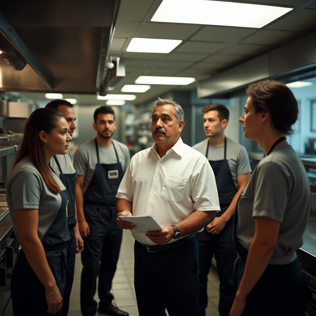QSR team manager leading a pre-shift briefing with kitchen and counter staff in a quick-service restaurant