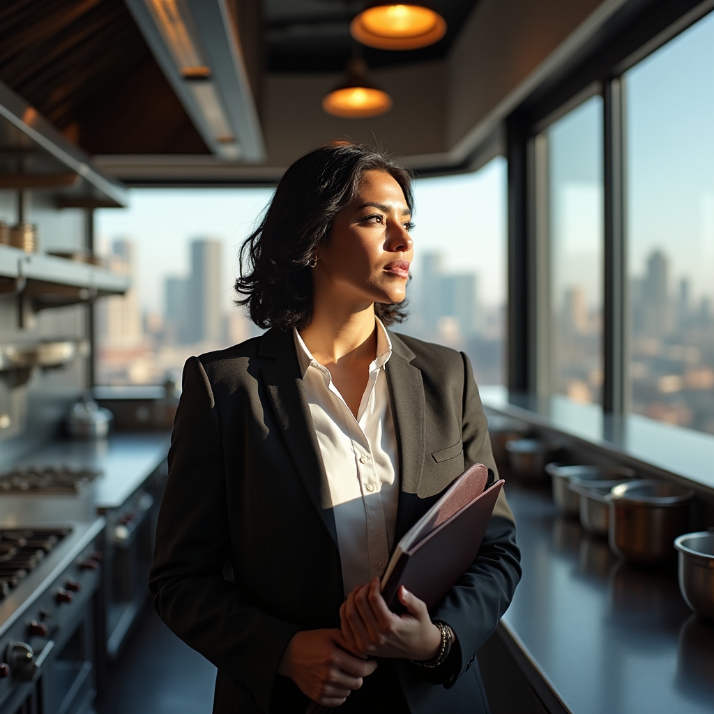 Restaurant operations manager reviewing scheduling data in a modern kitchen setting