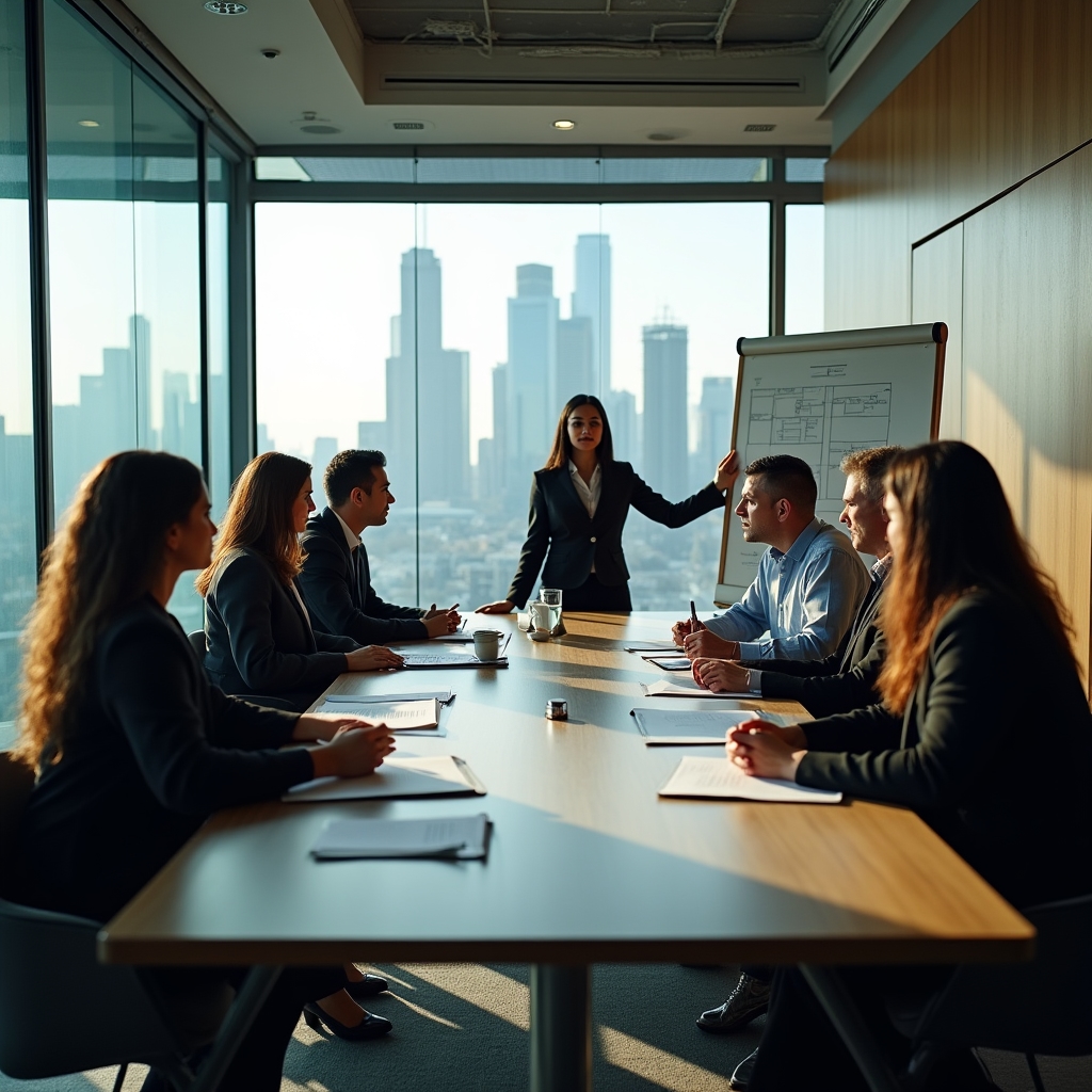 Restaurant operations managers engaged in a group training session around a conference table with laptops and printed worksheets